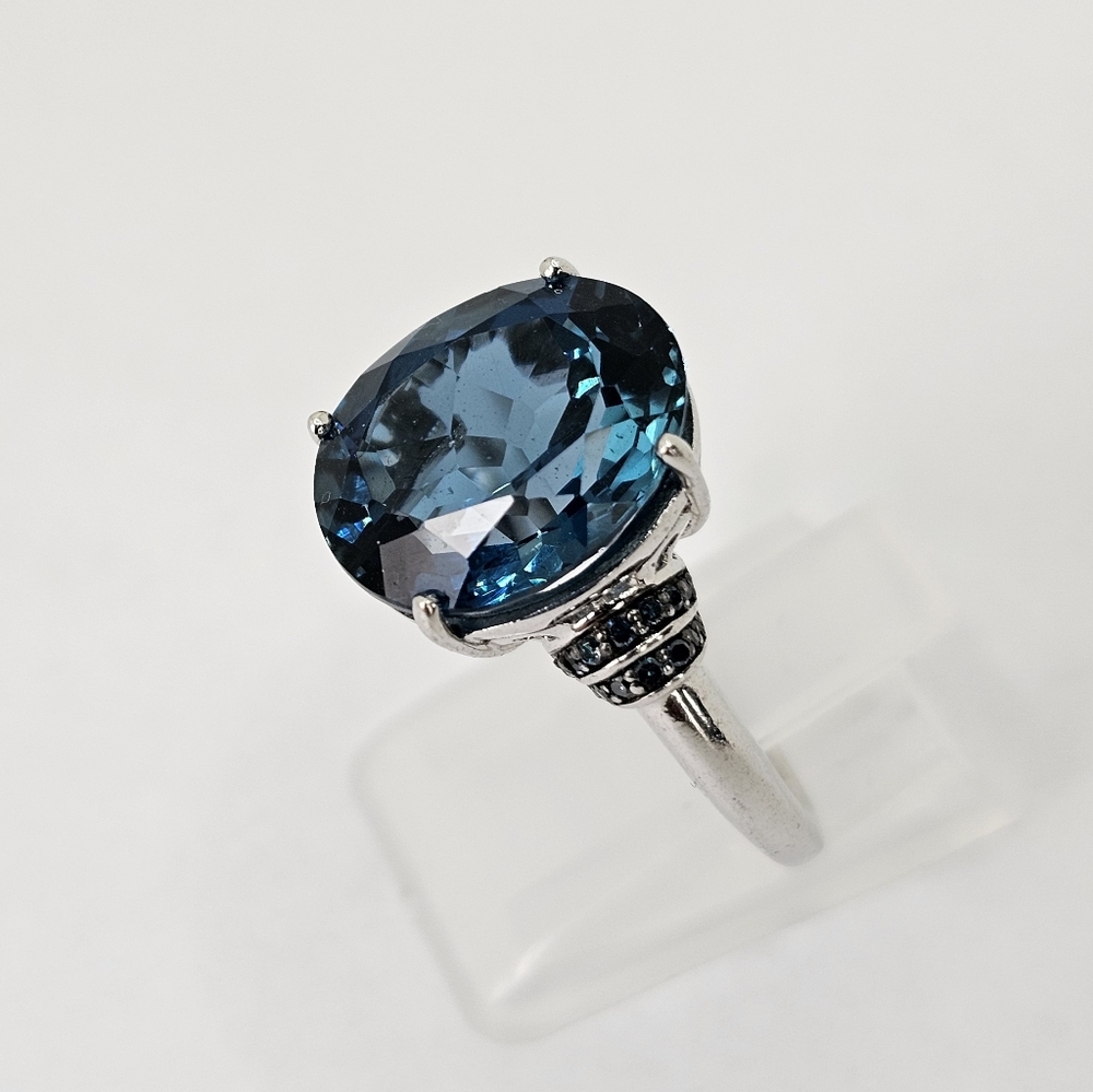 Natural 8.26 Carat London Blue Topaz & Blue Diamond Ring Sterling Silver Sz 7.5! - Picture 8 of 13